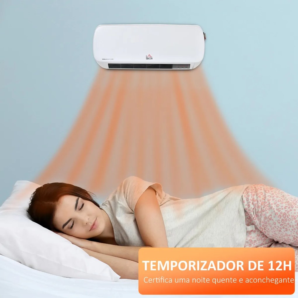 Aquecedor Cerâmico de Parede 1000W/2000W com Controle Remoto 3 Modos de Aquecimento Temporizador de 12h Termostato e Proteção contra Superaquecimento