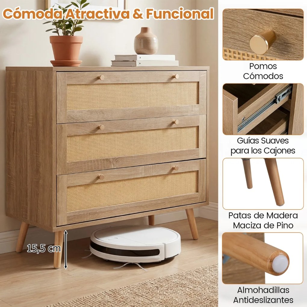 Cómoda em rattan 80 x 40 x 75,5 cm com 3 gavetas e pés em madeira de pinho, estilo boémio, para o quarto, sala de estar ou hall de entrada, com um toq