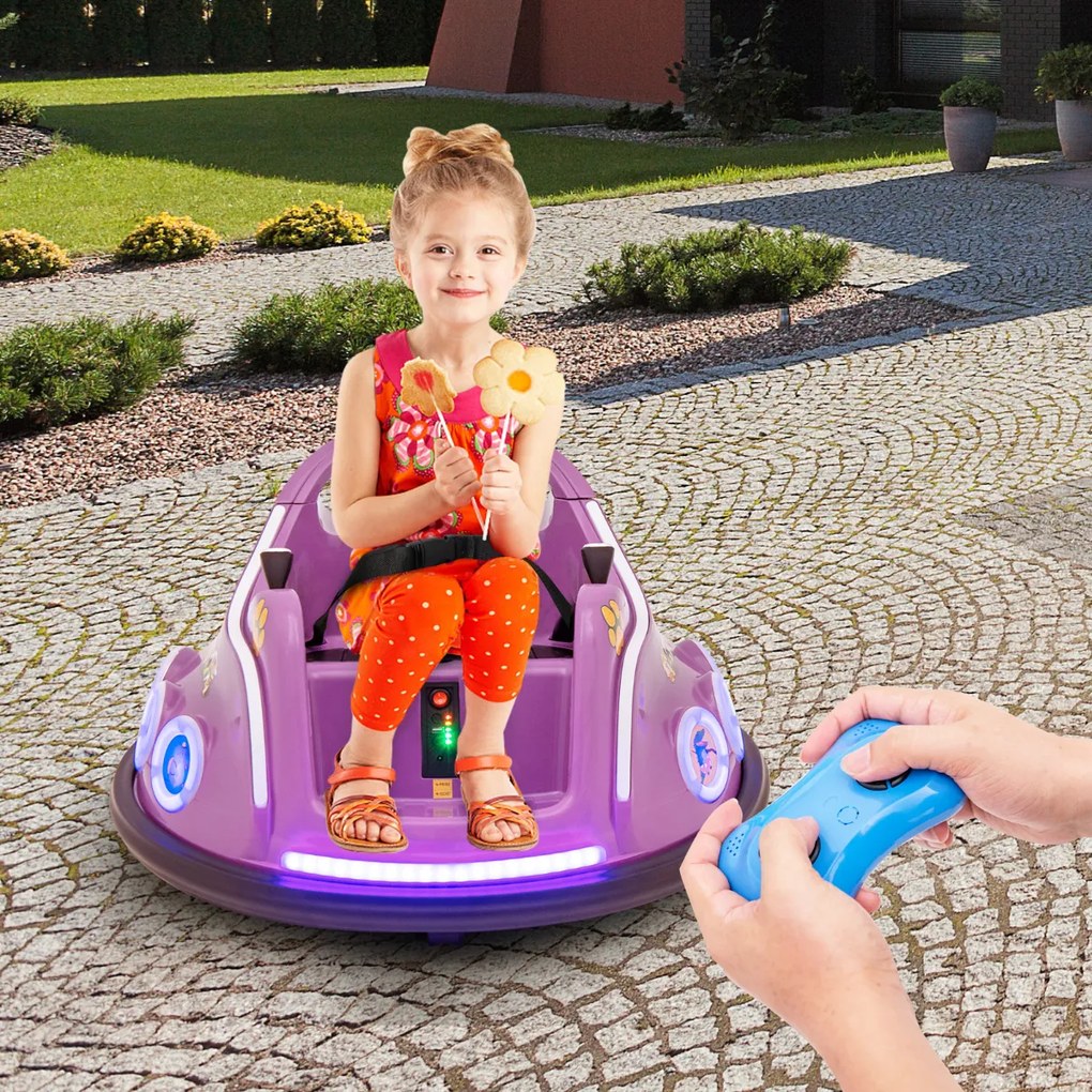 Carrinho de choques para crianças 12V com rotação de 360° Controlo remoto Luzes de controlo remoto Música incorporada 73 x 73 x 43cm Púrpura