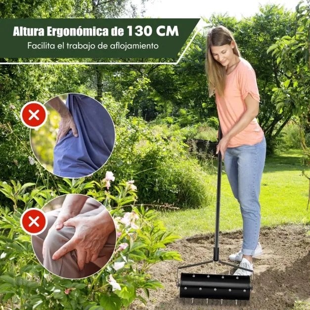 Rolo para Relva com arejador de relva com rolo de 44 cm Cabo amovível de 128 cm e dentes para jardim Preto