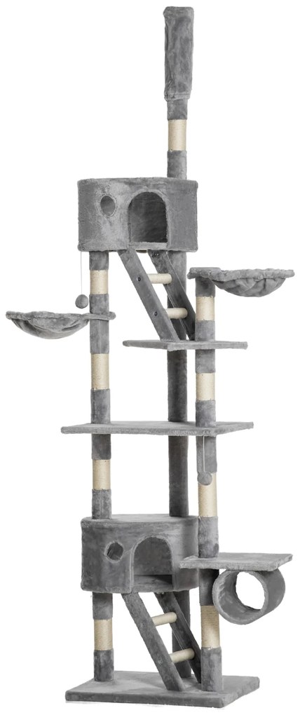 PawHut Arranhador para Gatos do Chão ao Teto de 240-260 cm com Altura Ajustável Múltiplas Plataformas Caverna e Rampas Cinza