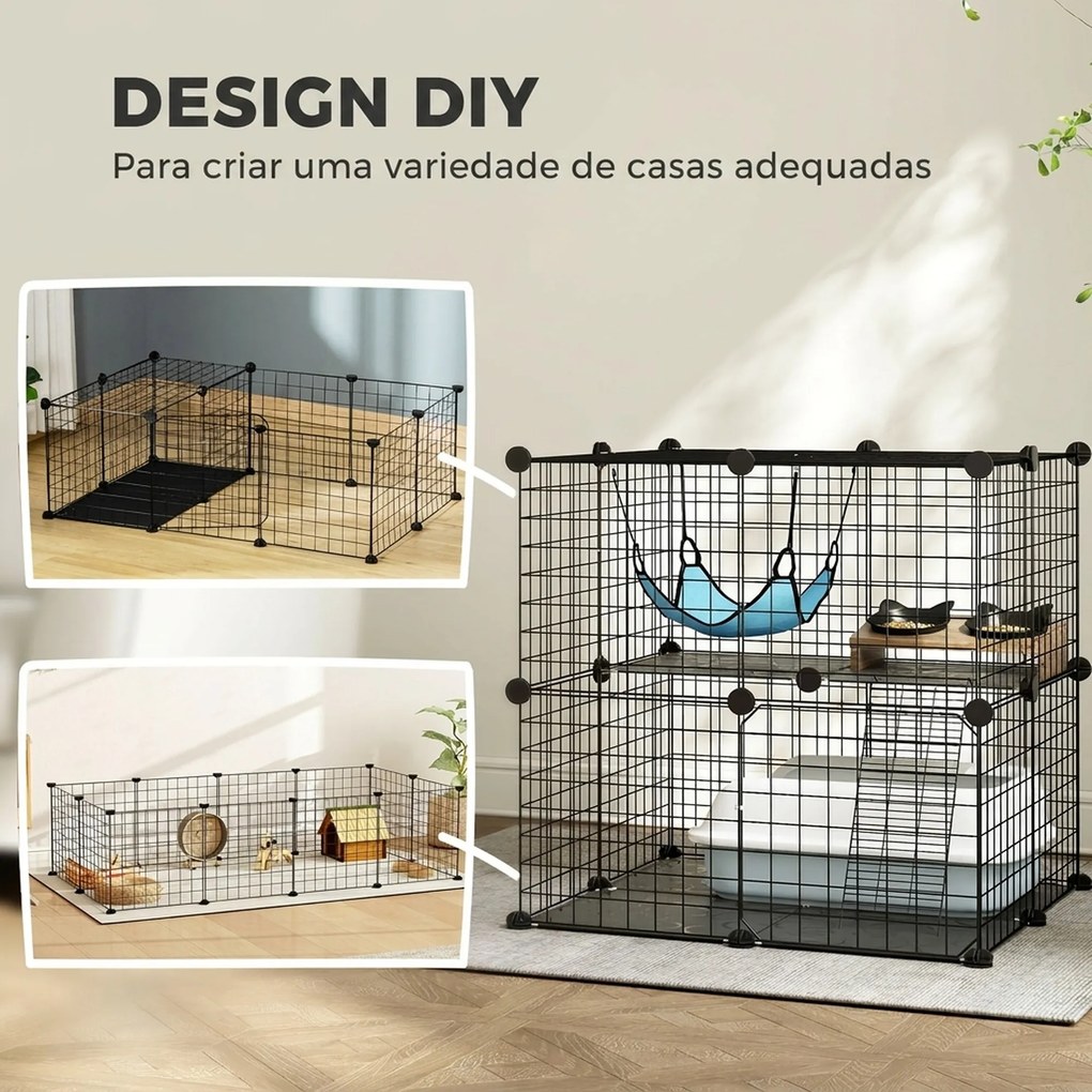 Gaiola Interior para Gatos de 2 Níveis em Aço com 2 Portas Escada e Rede 70x70x70 cm Preta