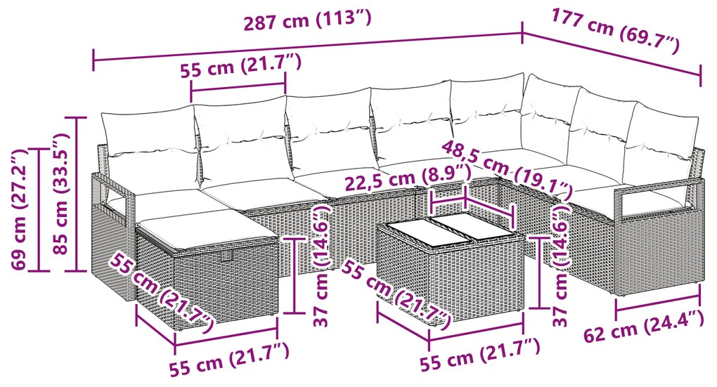 Conjunto de Sofá de Jardim vidaXL 9 Peças com Almofadas Bege Polyratta