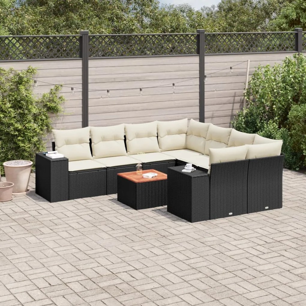 9 pcs conjunto de sofás p/ jardim c/ almofadões vime PE preto