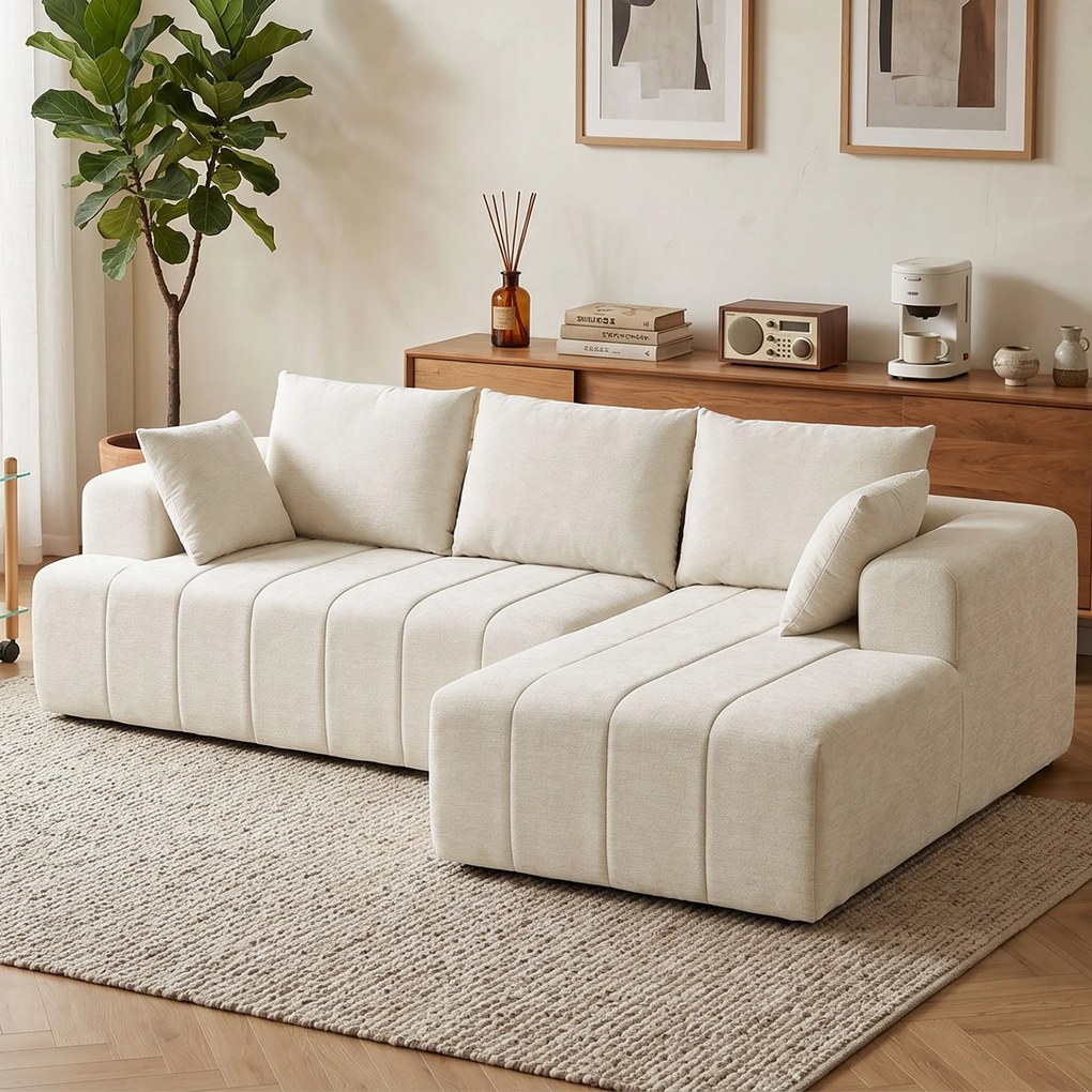 Sofá-Cama de Canto com Chaise Longue, 256 x 158 x 85 cm, Assento com Molas Ensacadas, Bege