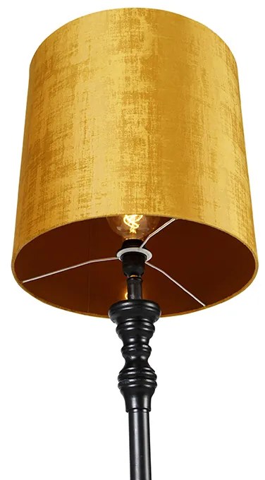 Candeeiro de pé preto com abajur em tecido dourado 40 cm - Classico Clássico / Antigo