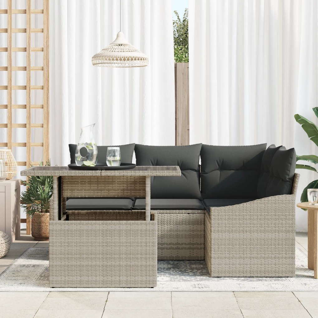 Conjunto de Sofá de Jardim 5 Peças com Almofadas Cinza Claro em Rattan