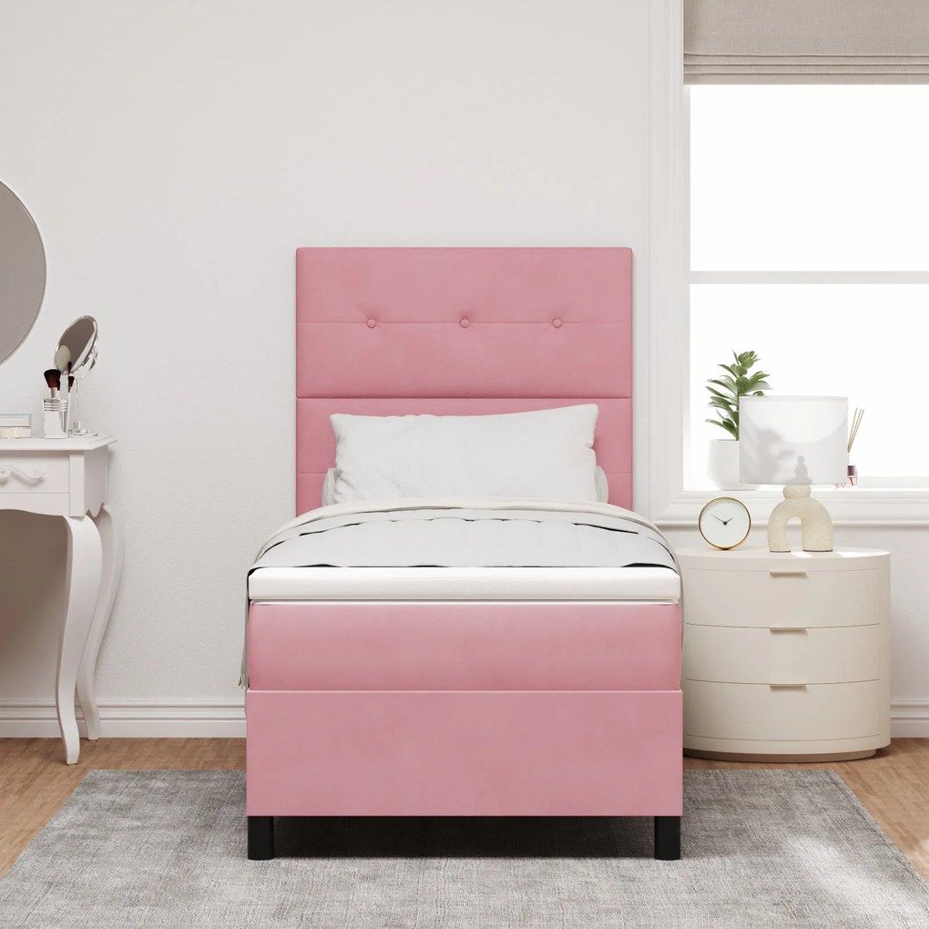 Cama Box Spring com Colchão Rosa 90x200 cm Veludo