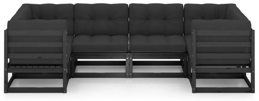 6pcs conjunto longue de jardim c/ almofadões pinho maciço preto