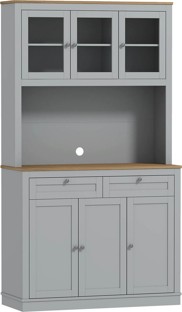 HOMCOM Armário de Cozinha com 3 Portas de Vidro Compartimento Aberto 2 Gavetas e Prateleiras Ajustáveis 100x40x180 cm Cinzento | Aosom Portugal