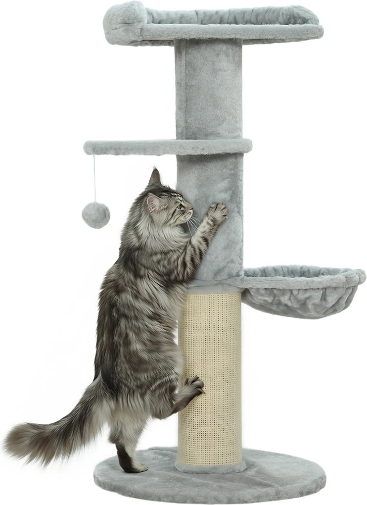Arranhador para gatos em forma de barril com arranhador de sisal, rede, plataforma e bola de brincar, Ø 48 x 103,5 cm, cinzento claro