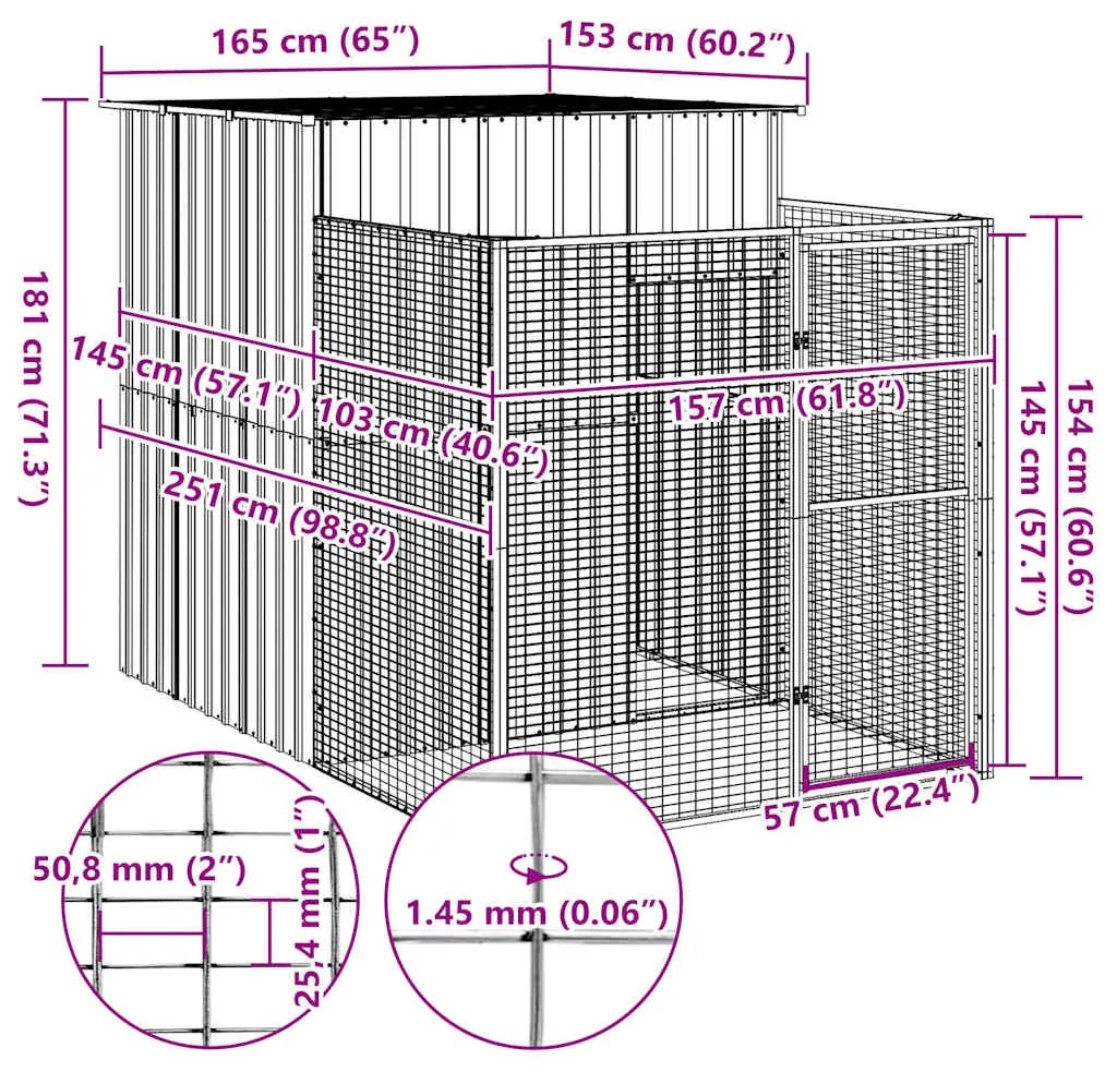 Casota para cães com parque aço galvanizado cinzento-claro