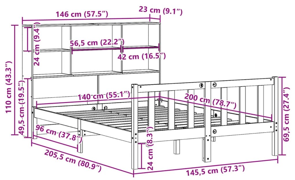 Cama com estante sem colchão 140x200 cm pinho maciço