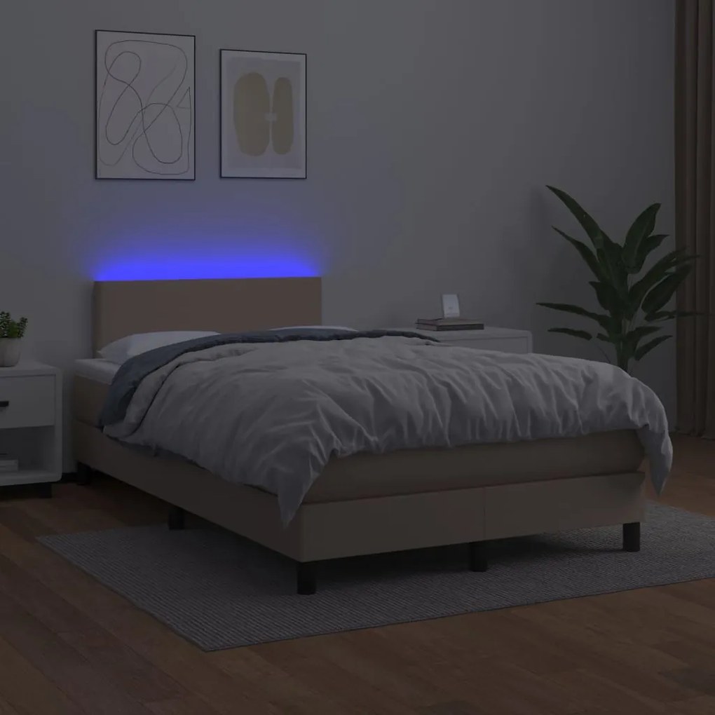 Cama box spring c/colchão/LED 120x200cm couro artif. cappuccino