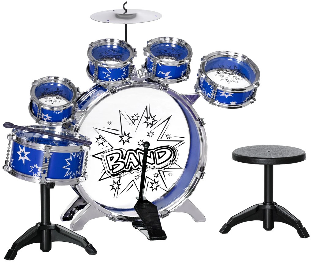 Bateria Infantil com Banco Bateria para Crianças acima de 3 Anos com Pedal e Baqueta Desenho de Estrelas 65x22x57 cm Azul