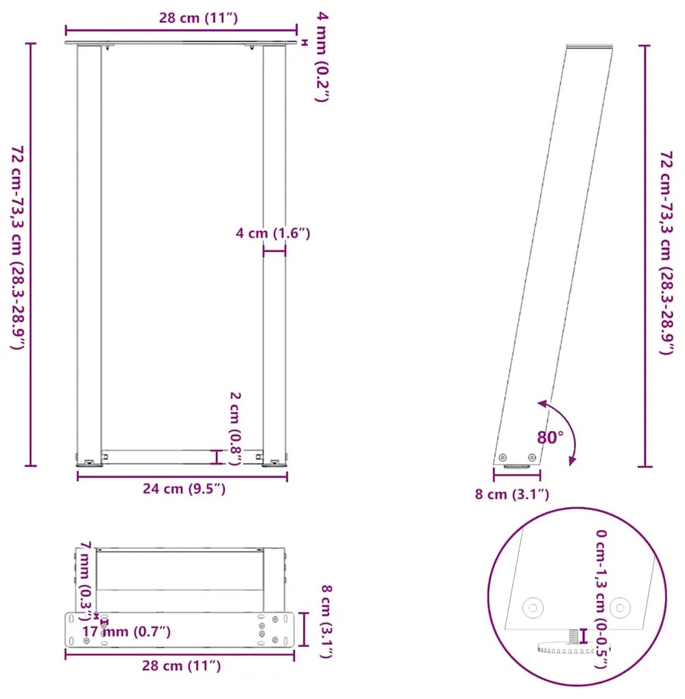 Pés de mesa de console em forma de U, 2 peças, aço natural, 28 x (72-7
