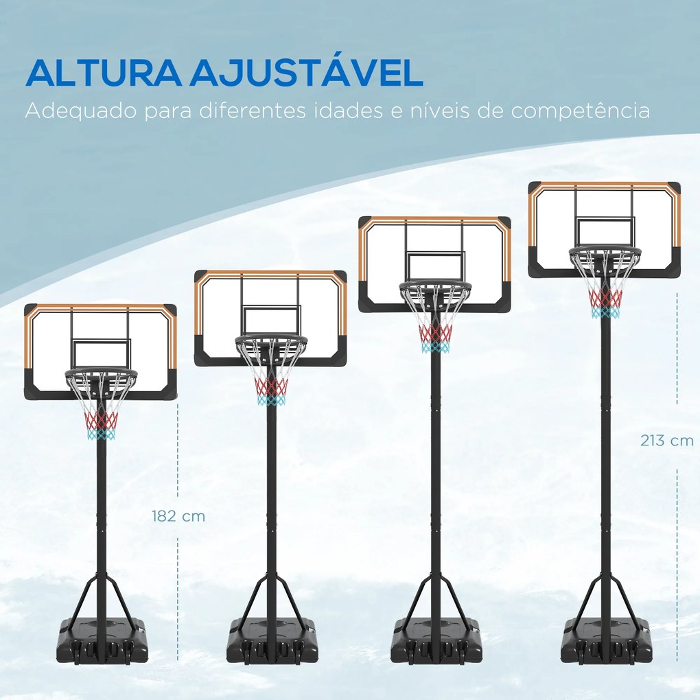 Cesto de Basquetebol de Exterior com Altura Ajustável 235-264 cm Suporte para Bola Rodas e Base Recarregável Preto