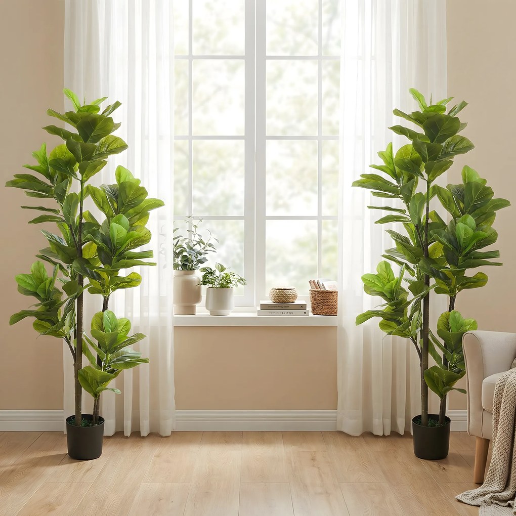 Conjunto de 2 plantas artificiais de interior com 150 cm, planta artificial de figueira-lira com vaso de cimento, verde