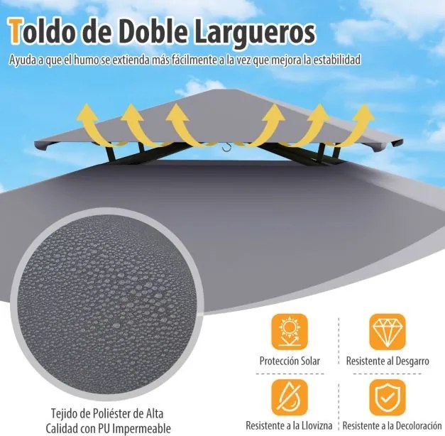 Pérgula para churrasqueira (Não incluida) 242 x 150 cm para exterior com teto duplo, 2 prateleiras, 6 ganchos e estrutura metálica cinza