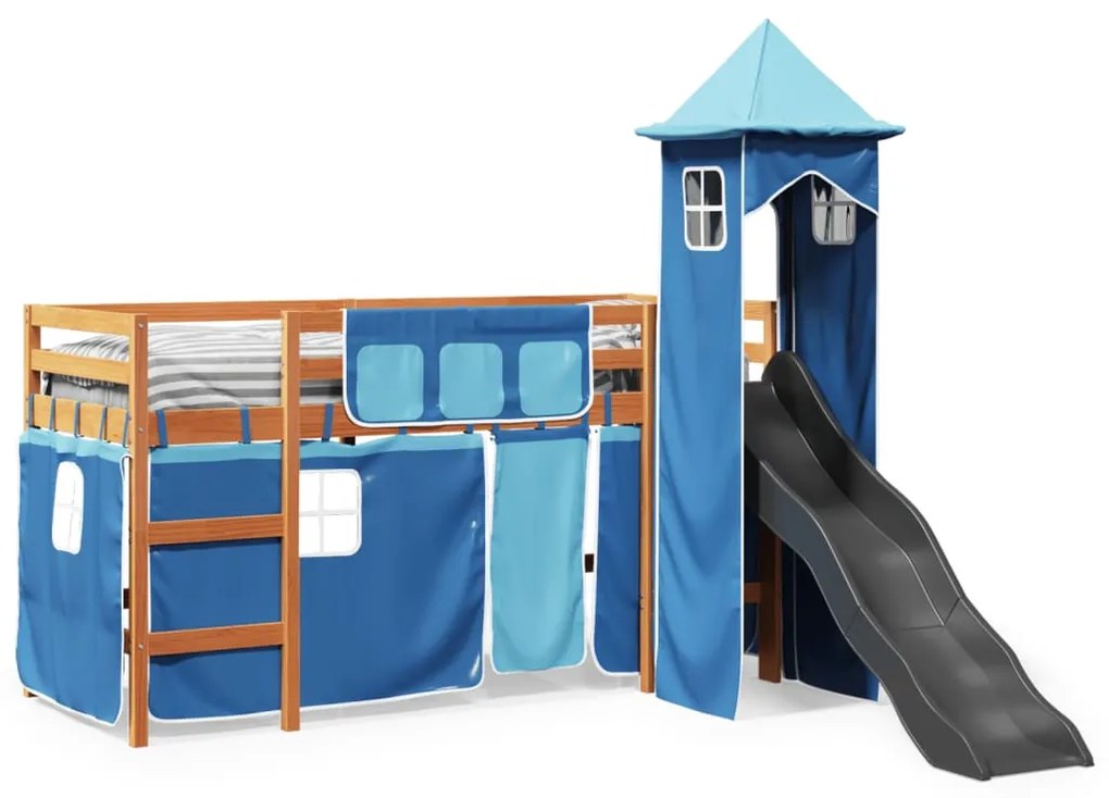 Cama alta para criança com torre 90x190 cm pinho maciço azul