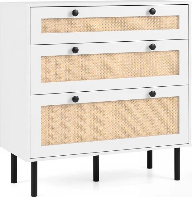 Cómoda de 3 Gavetas, 75 x 35 x 77,5 cm, Frentes com Imitação de Vime, Branco
