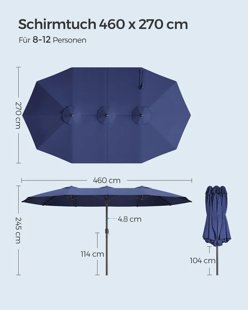 Guarda-sol duplo 460 x 270 cm Proteção UV até UPF 50+ Azul