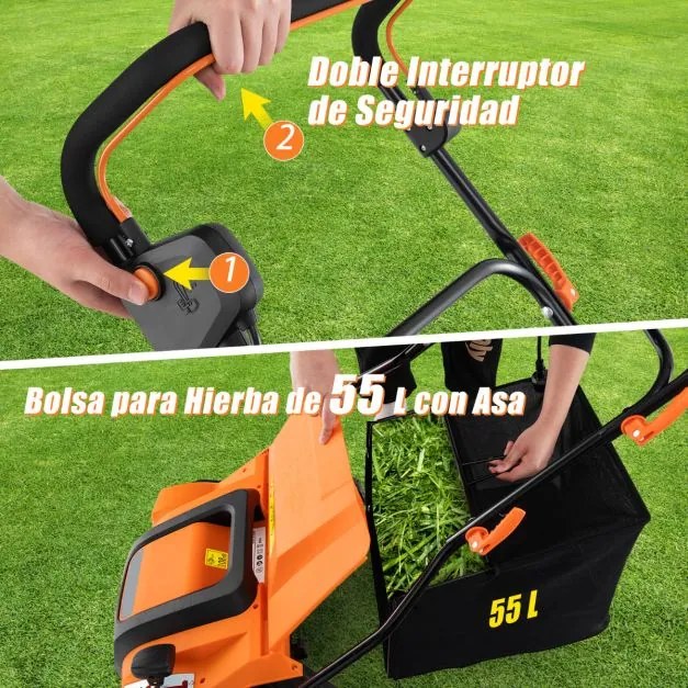 Corta-ervas Elétrico Dobrável 2 em 1 de 41 cm 15 A com ajuste de altura e profundidade e saco coletor de 55 L Laranja