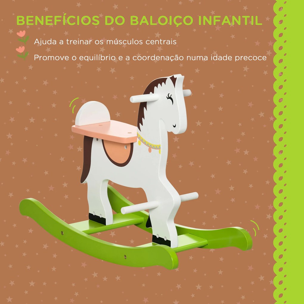 Cavalo Baloiço para Crianças de 1-3 Anos Cavalo Baloiço de Madeira com Guiador e Apoio para os Pés Carga Máxima 50kg 68x27x50cm Branco e Verde