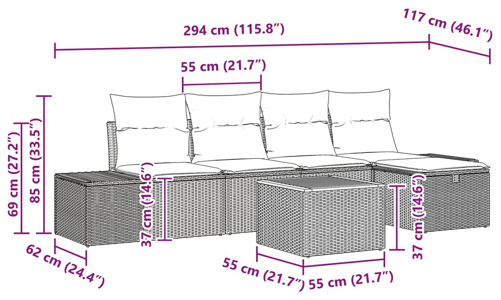 Conjunto de Sofá de 6 Peças com Almofadas Bege Rattan Polietileno