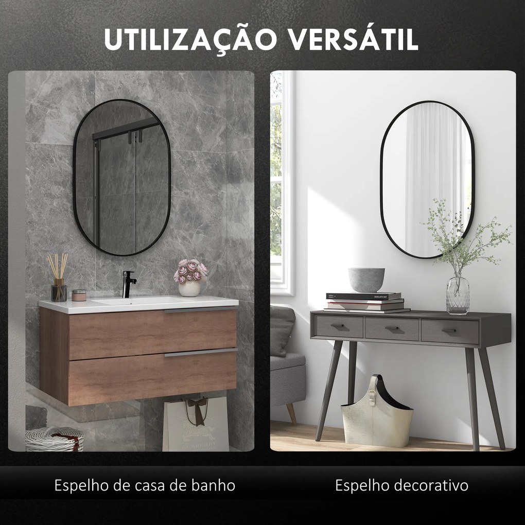 Espelho Casa de Banho Ovalado 60x90 cm Espelho Decorativo de Parede com Estrutura de Alumínio para Sala Corredor Preto