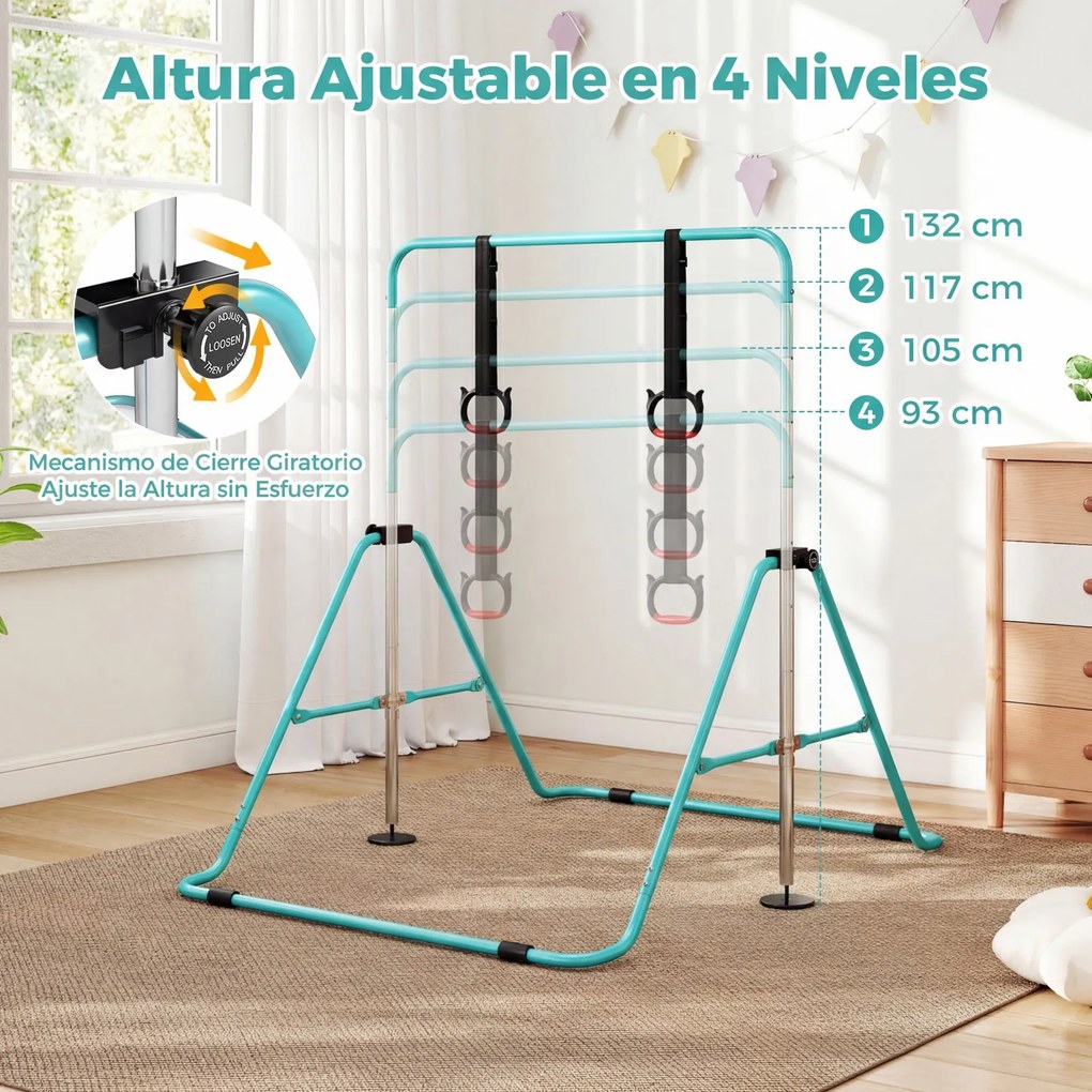 Barra de Ginástica para Crianças, 111,5 x 144,5 x 132 cm, Ajustável em 4 Níveis de Altura, Azul
