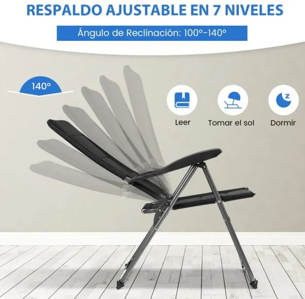 Conjunto de 2 Cadeiras de jardim almofadada com 7 posições de encosto ajustáveis Piscina Pátio Praia Pretas