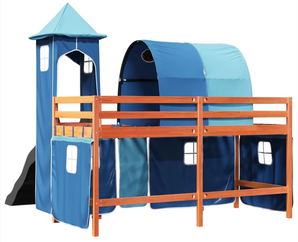 Cama alta para criança com torre 90x190 cm pinho maciço azul