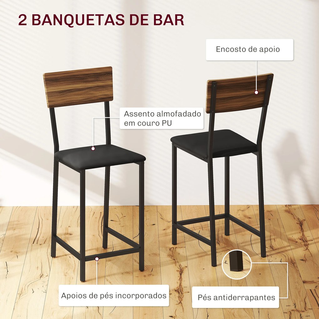Conjunto de Mesa e Bancos de Bar Mesa Alta de Cozinha com 2 Bancos Laterais Rebatíveis Suporte para Vinhos e Prateleiras Castanho e Preto