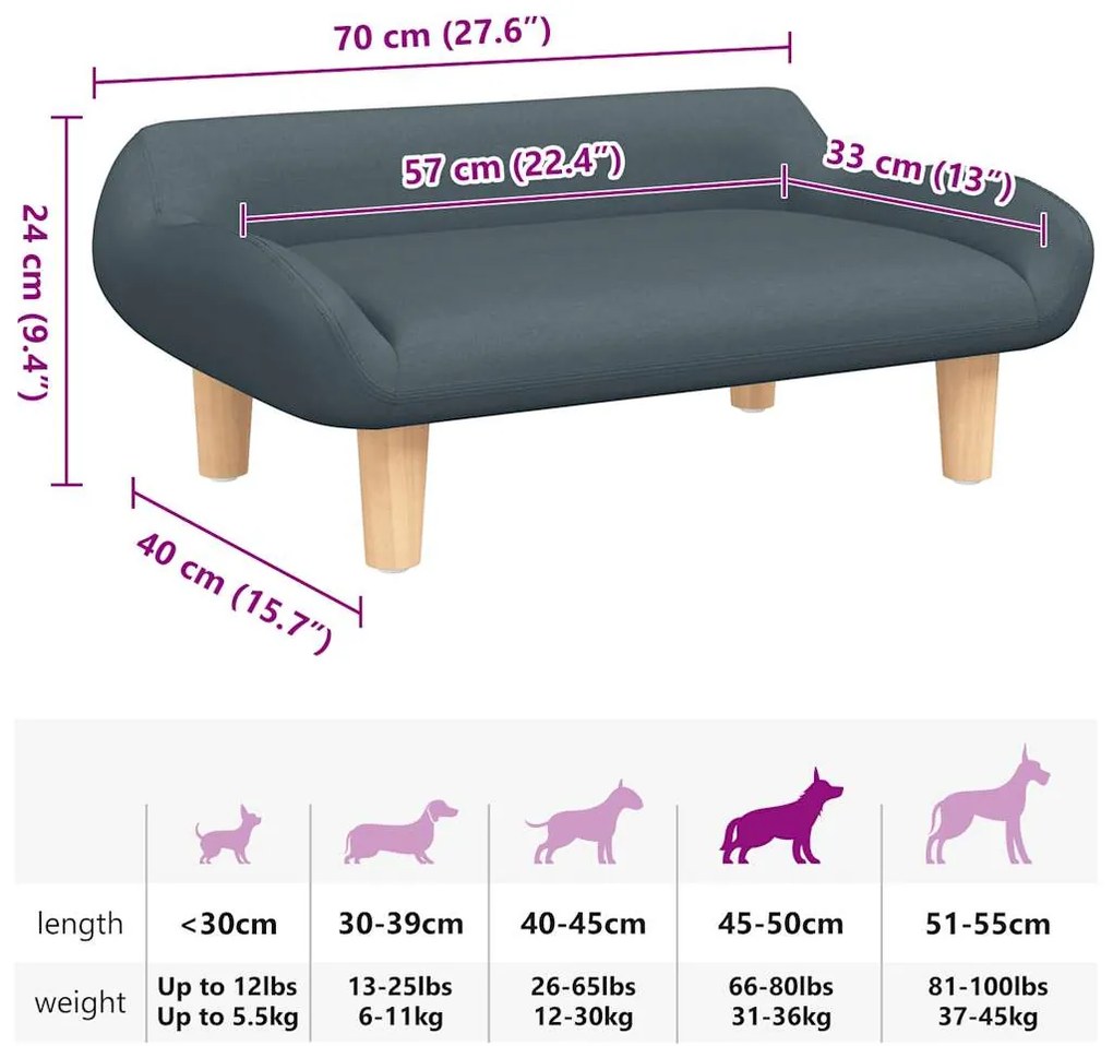Cama para cães 70x40x24 cm tecido cinzento-escuro