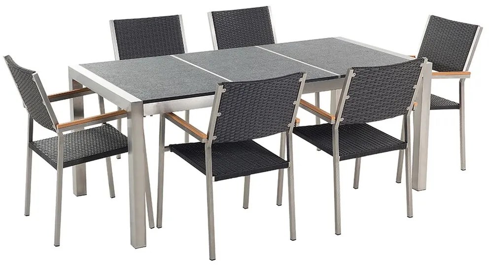 Conjunto de mesa com tampo triplo granito flameado preto 180 x 90 cm e 6 cadeiras rattan preto GROSSETO Beliani