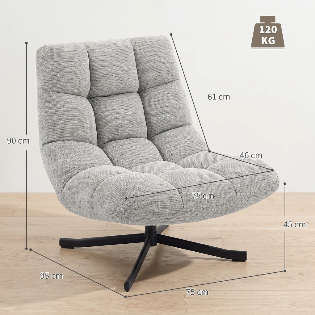 Poltrona de Sala Giratória, 95 x 75 x 90 cm, Revestimento em Tecido de Chenille, Cinzento-Claro
