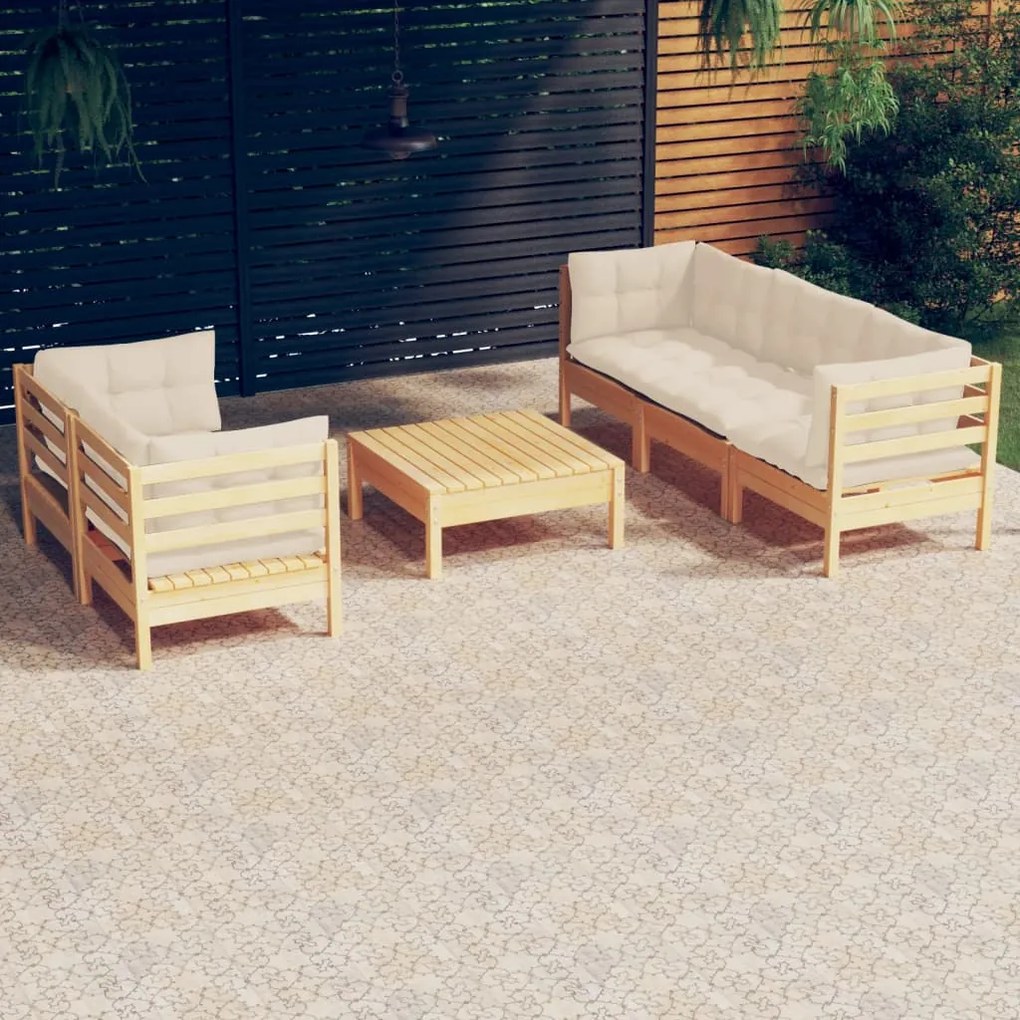 vidaXL 6 pcs conjunto lounge jardim c/ almofadões cor creme pinho