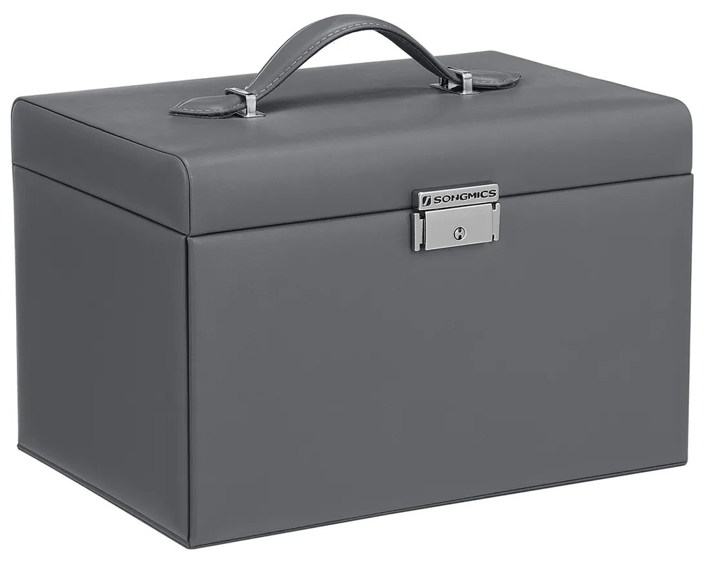 Caixa de joias SONGMICS com 3 camadas, organizador de joias com 2 gavetas, estojo para joias com estojo de viagem portátil, com alça, com trava, para guardar joias, presente para quem você ama, cinza JBC121G01