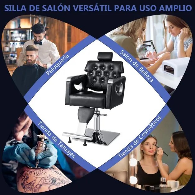 Cadeira de cabeleireiro com encosto e apoio para a cabeça ajustáveis, rotação de 360° para cabeleireiro e maquilhagem, 61 x 86 x 104-119,5 cm, preta