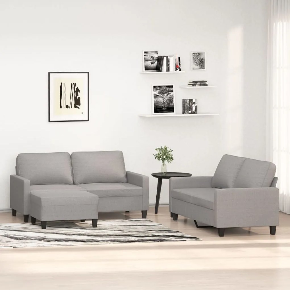 vidaXL 3 pcs conjunto de sofás com almofadões tecido cinzento-claro