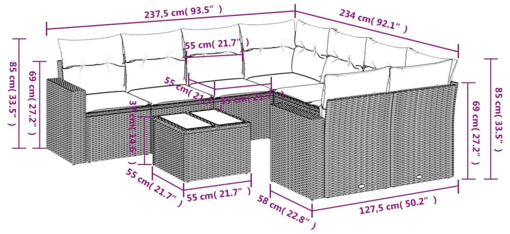 9 pcs conjunto de sofás p/ jardim com almofadões vime PE bege