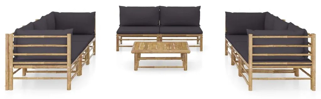 9 pcs conj. lounge jardim em bambu c/ almofadões cinza-escuro