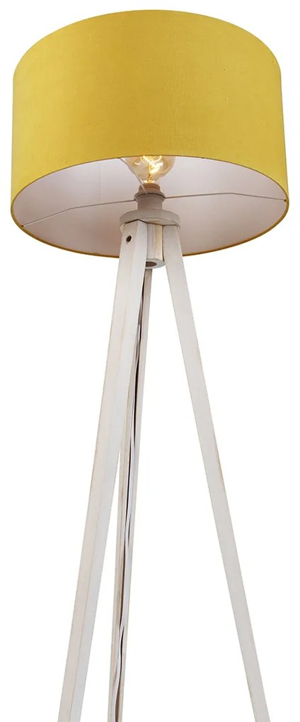Candeeiro de pé tripé branco com abajur de tecido amarelo 50cm - Tripod Classic Rústico ,Moderno