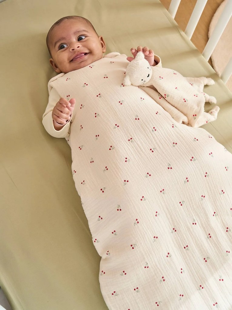 Saco de bebé sem mangas CHERRY, personalizável bege estampado