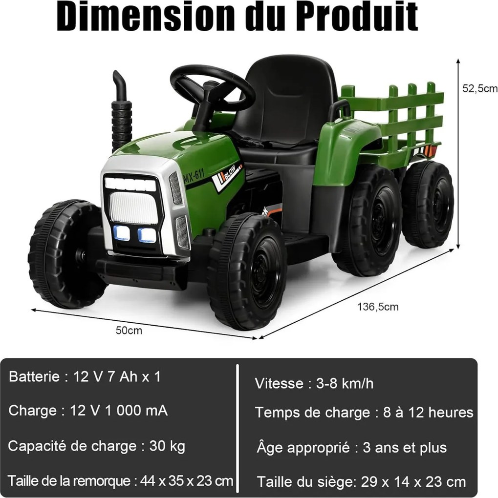 Trator elétrico infantil com reboque, 3 velocidades, luzes LED, música USB, Bluetooth e controle 2.4G, carga de 30 kg, verde militar