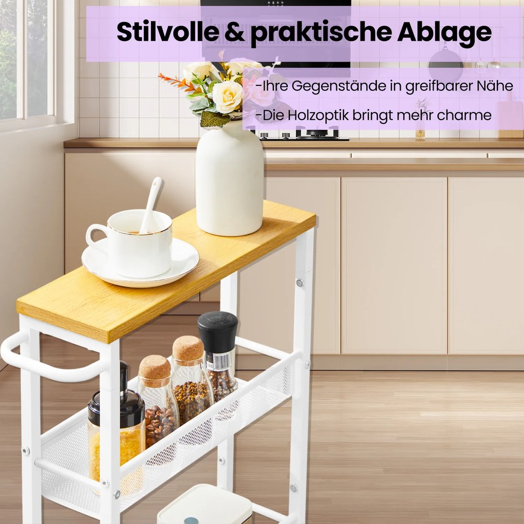 Carrinho de cozinha estreito com rodas e 5 prateleiras 13 x 45,4 x 99,6 cm branco + cor de carvalho
