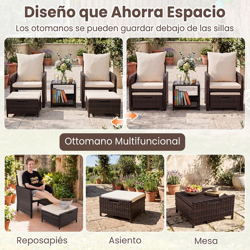 Conjunto de 5 Peças, 2 Cadeiras de Jardim, Mesa Auxiliar e 2 Apoios para os Pés, 45,5 x 45,5 x 43 cm, Almofadas de Alta Densidade, Bege