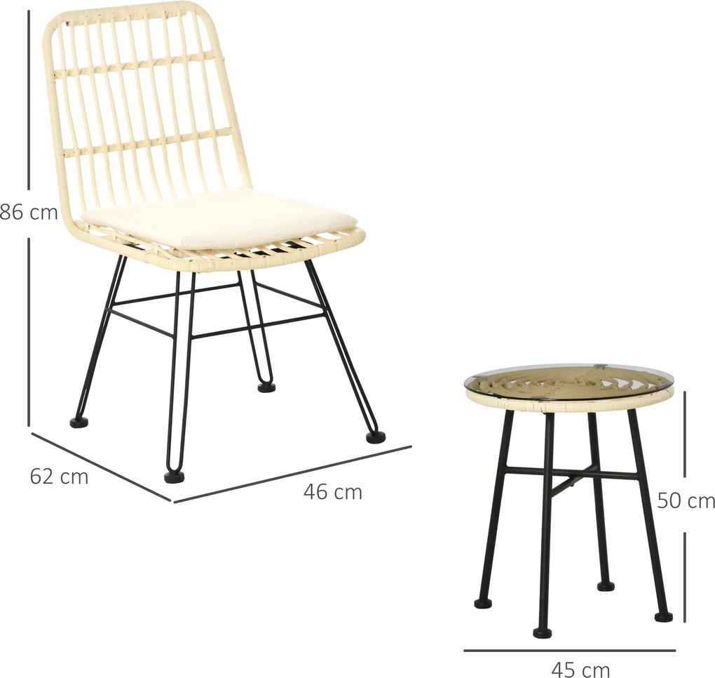 Conjunto de bistrô de jardim de 3 peças: 2 cadeiras + mesa de centro redonda em vidro temperado, 2 almofadas com fecho de correr e capa removível em p