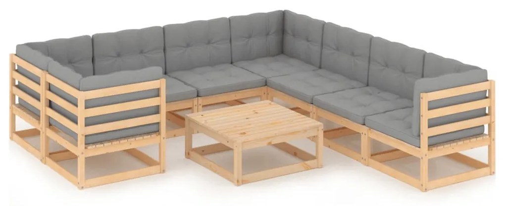 vidaXL 9 pcs conjunto lounge de jardim c/ almofadões pinho maciço